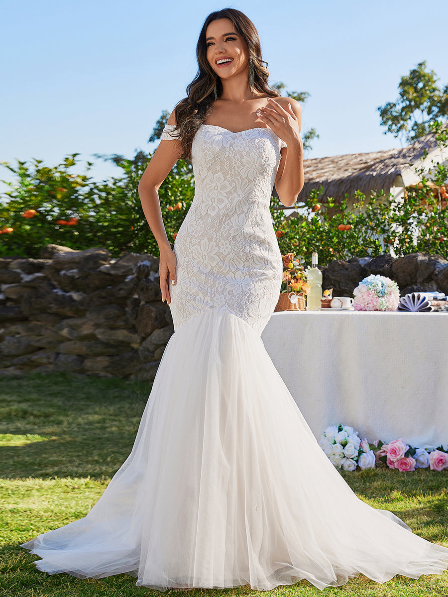 Elegant Fishtail Floor Off Shoulder Sleeveless Wedding Dress - CALABRO®