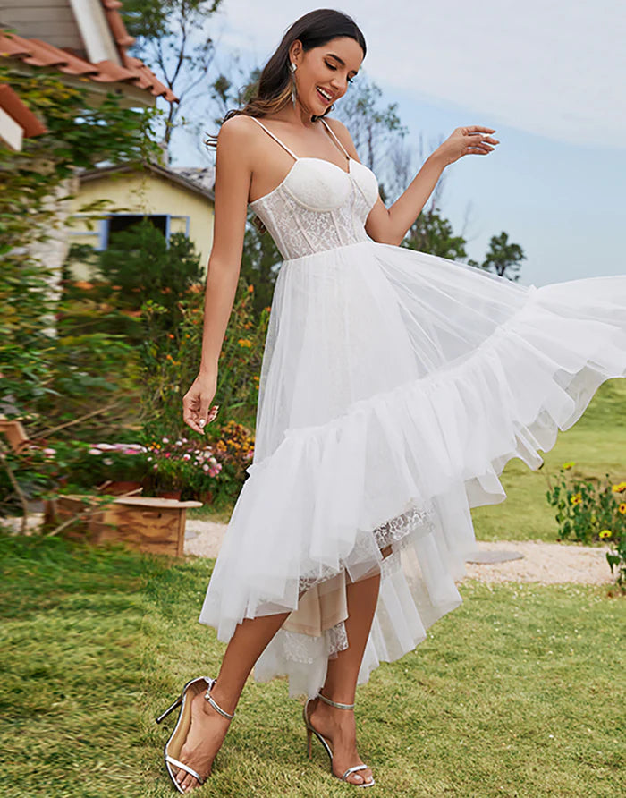 Tulle Sweetheart Spaghetti Strap High Low Wholesale Wedding Dress - CALABRO®