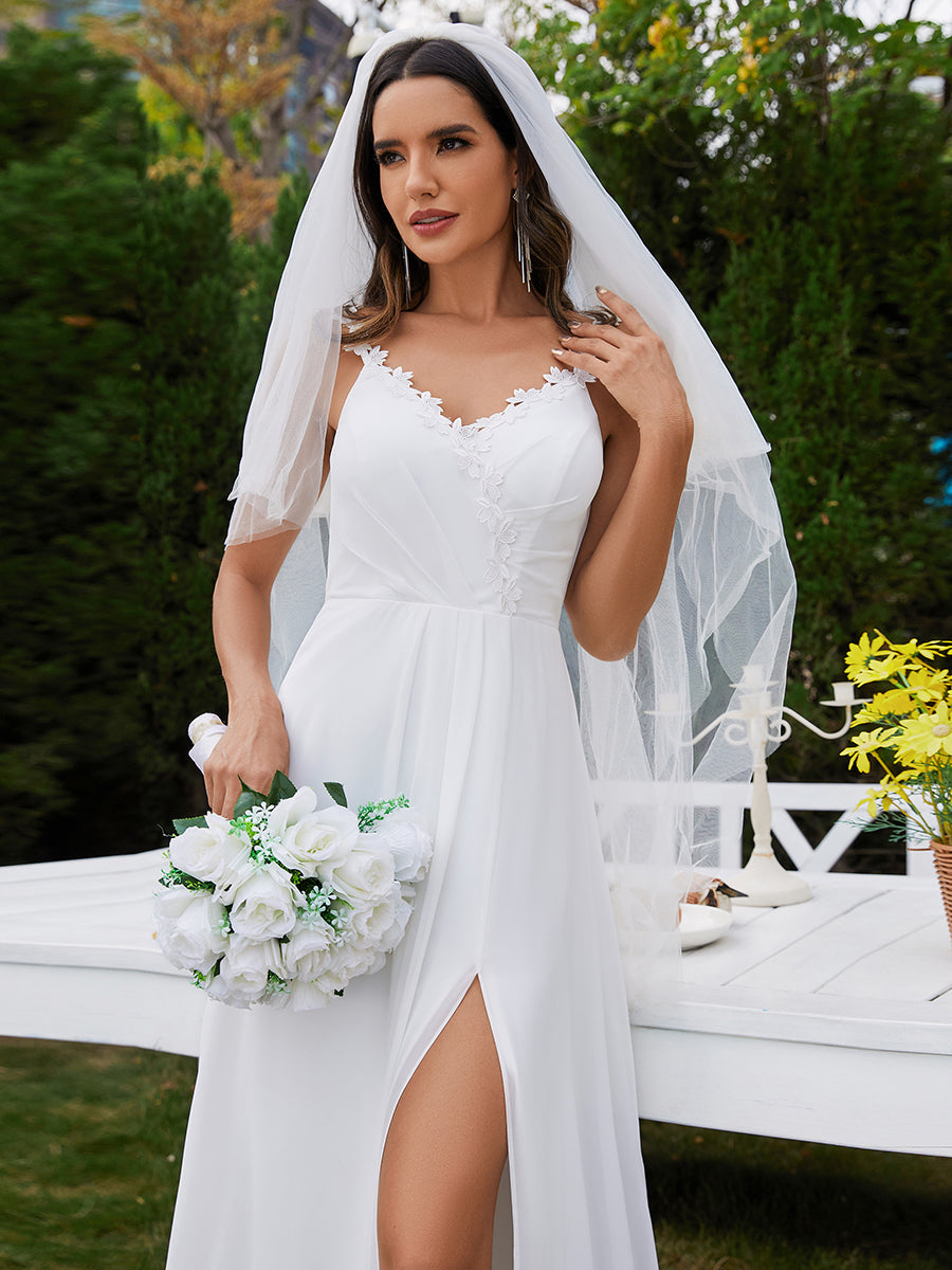 Chiffon High Split Spaghetti Strap Appliques Wedding Dress - CALABRO®