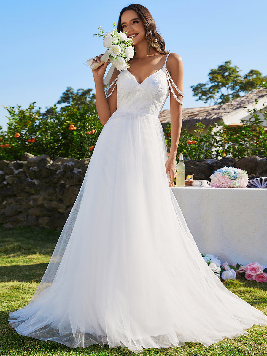 Elegant Spaghetti Straps Pearl Wedding Dress with Sleeveless - CALABRO®