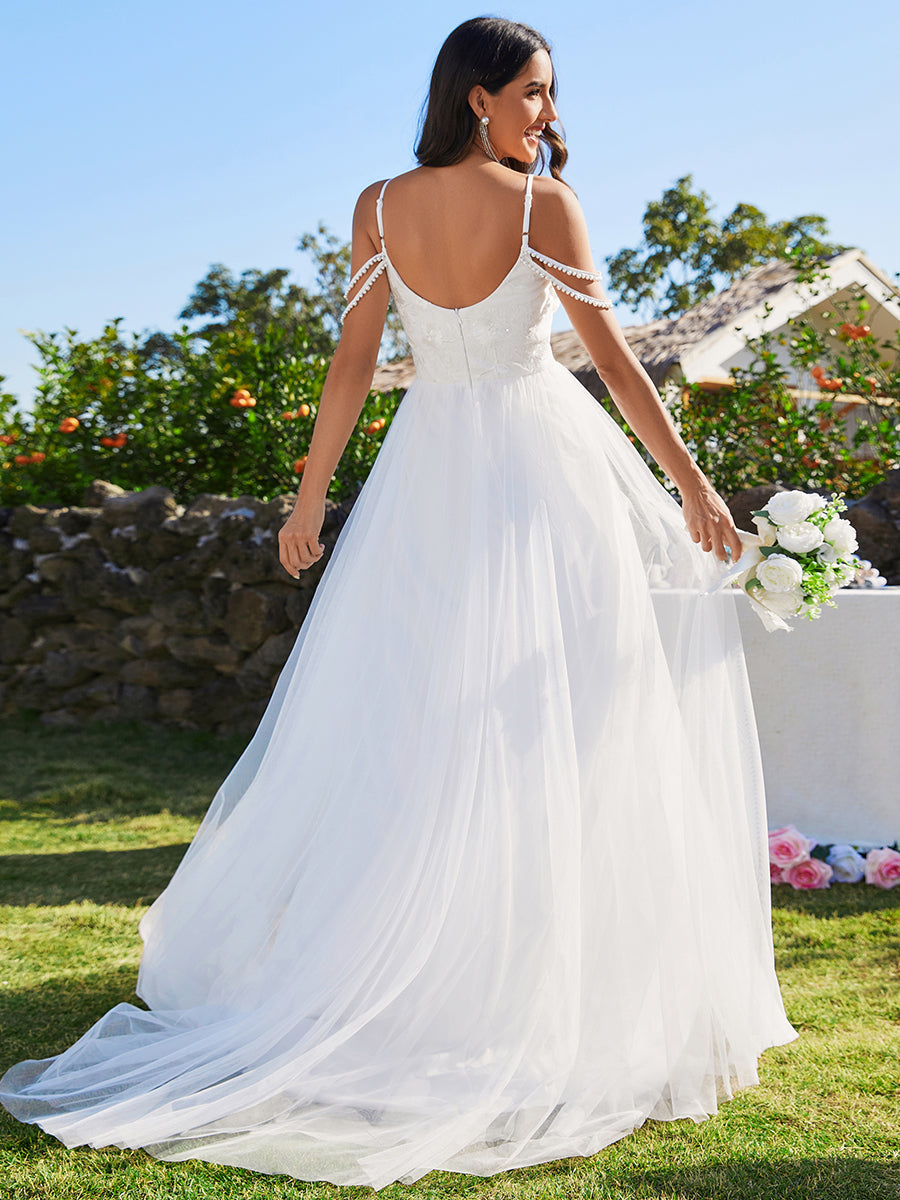 Elegant Spaghetti Straps Pearl Wedding Dress with Sleeveless - CALABRO®