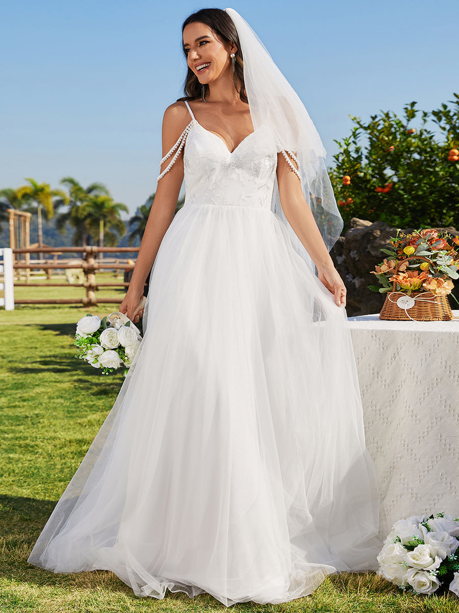 Elegant Spaghetti Straps Pearl Wedding Dress with Sleeveless - CALABRO®