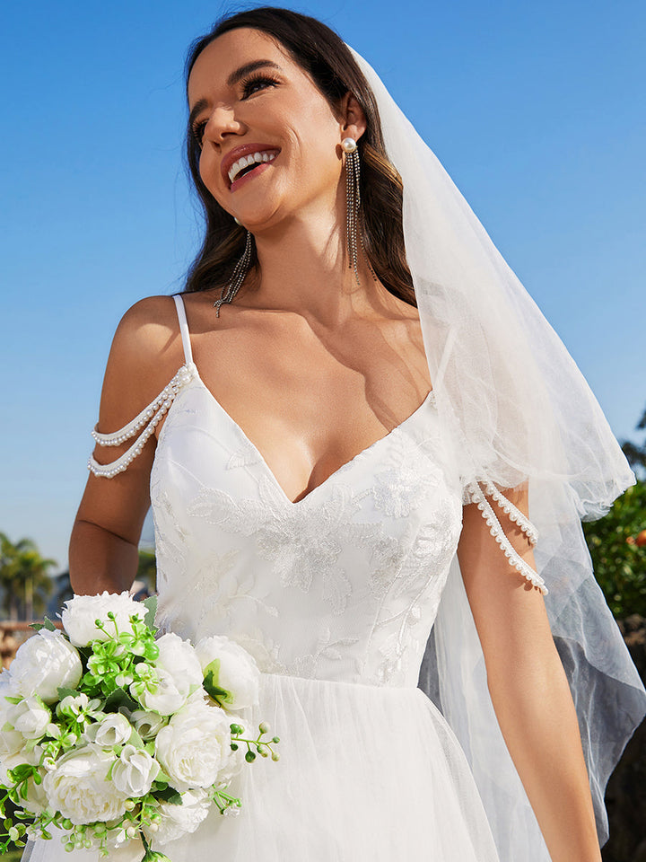 Elegant Spaghetti Straps Pearl Wedding Dress with Sleeveless - CALABRO®