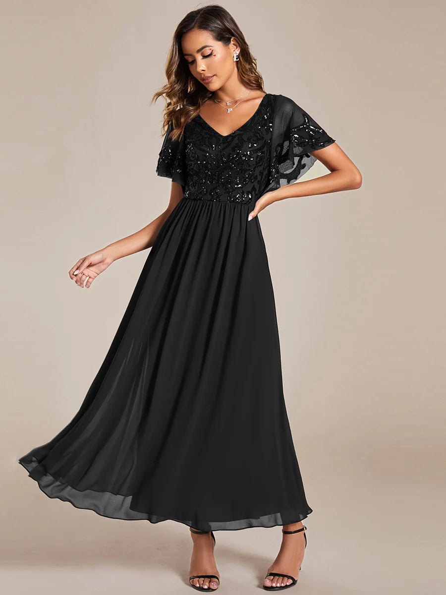 Short Ruffles Sleeves V Neck Mother of the Bride Dresses - CALABRO®