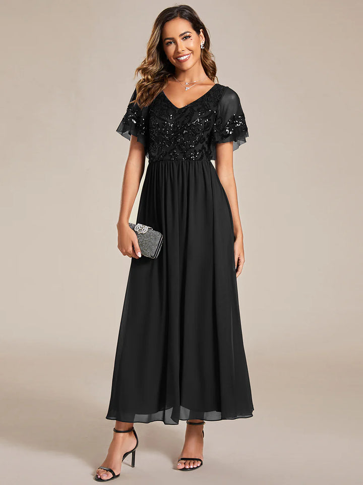 Short Ruffles Sleeves V Neck Mother of the Bride Dresses - CALABRO®