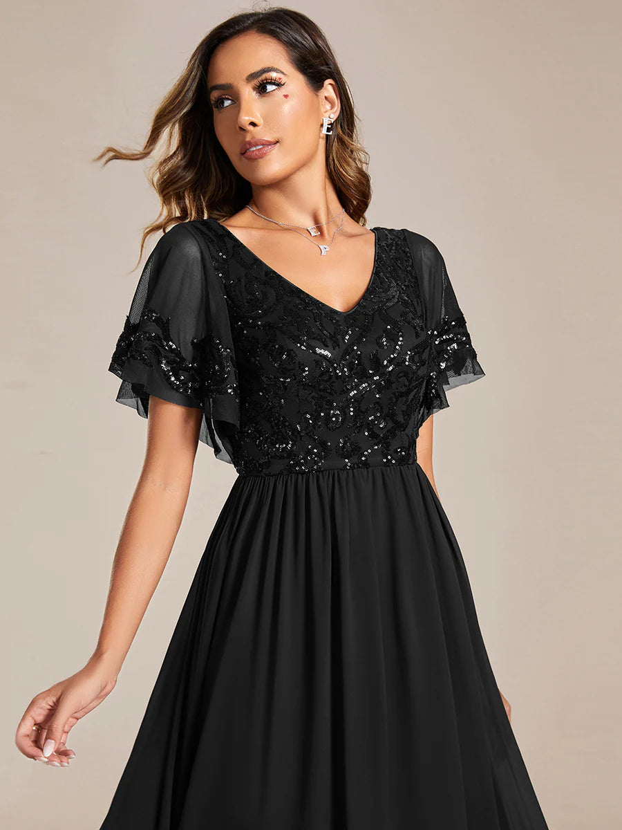 Short Ruffles Sleeves V Neck Mother of the Bride Dresses - CALABRO®