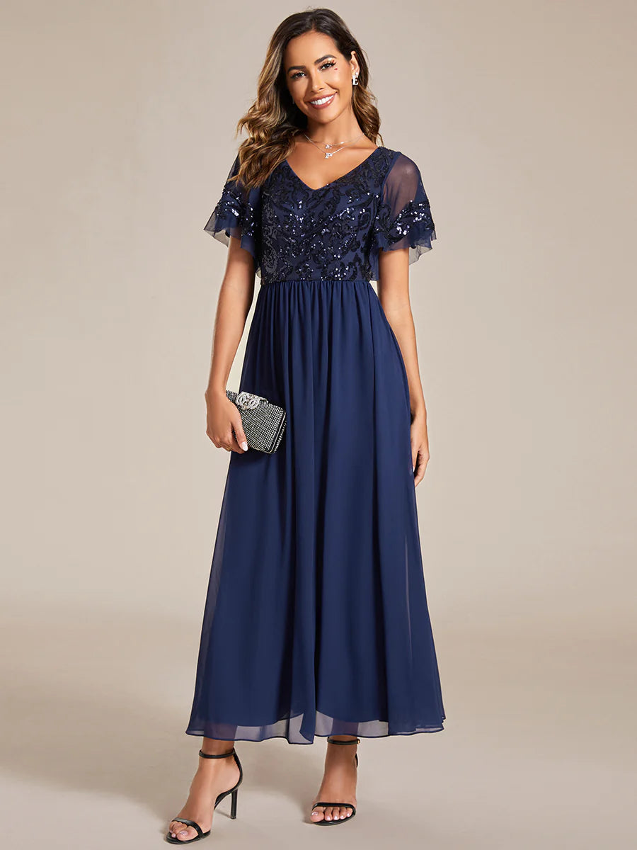 Short Ruffles Sleeves V Neck Mother of the Bride Dresses - CALABRO®