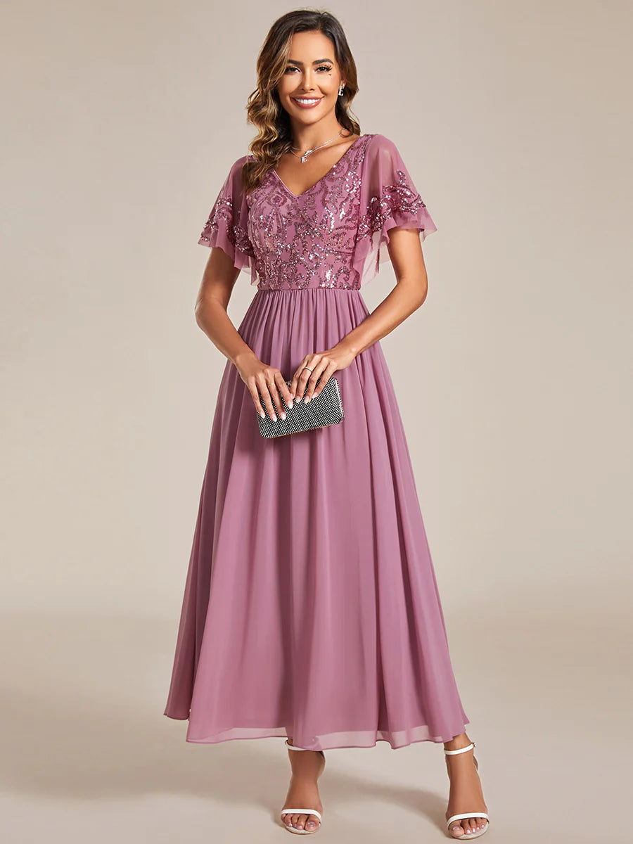 Short Ruffles Sleeves V Neck Mother of the Bride Dresses - CALABRO®