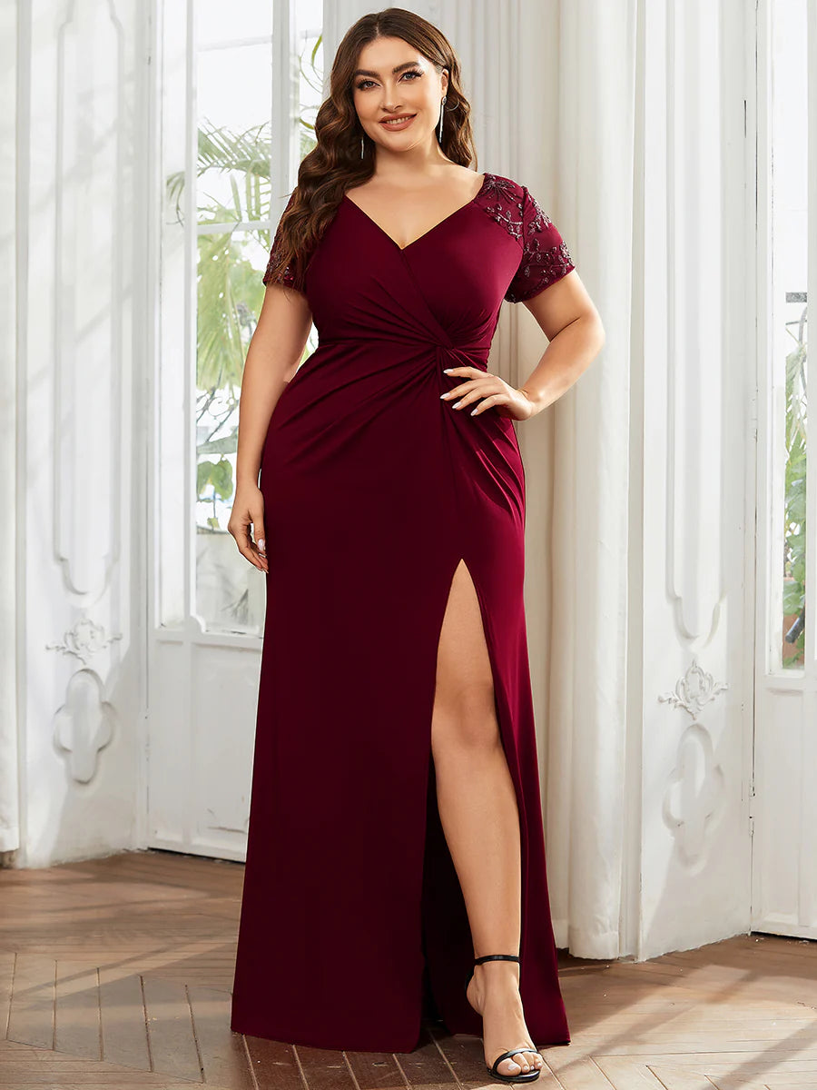 Plus Deep-V Side Split Appliques Ruched Belt Evening Dress