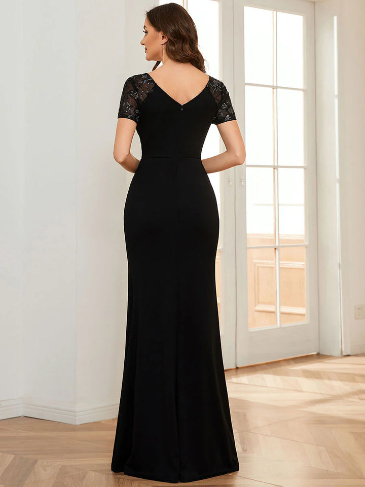 Deep-V Side Split Appliques Ruched Belt Evening Dress