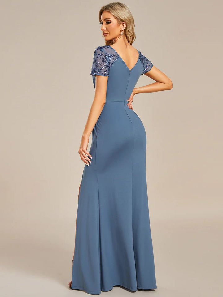 Ruched Belt Bridesmaid Dress with Deep-V Side Split Applique - CALABRO®