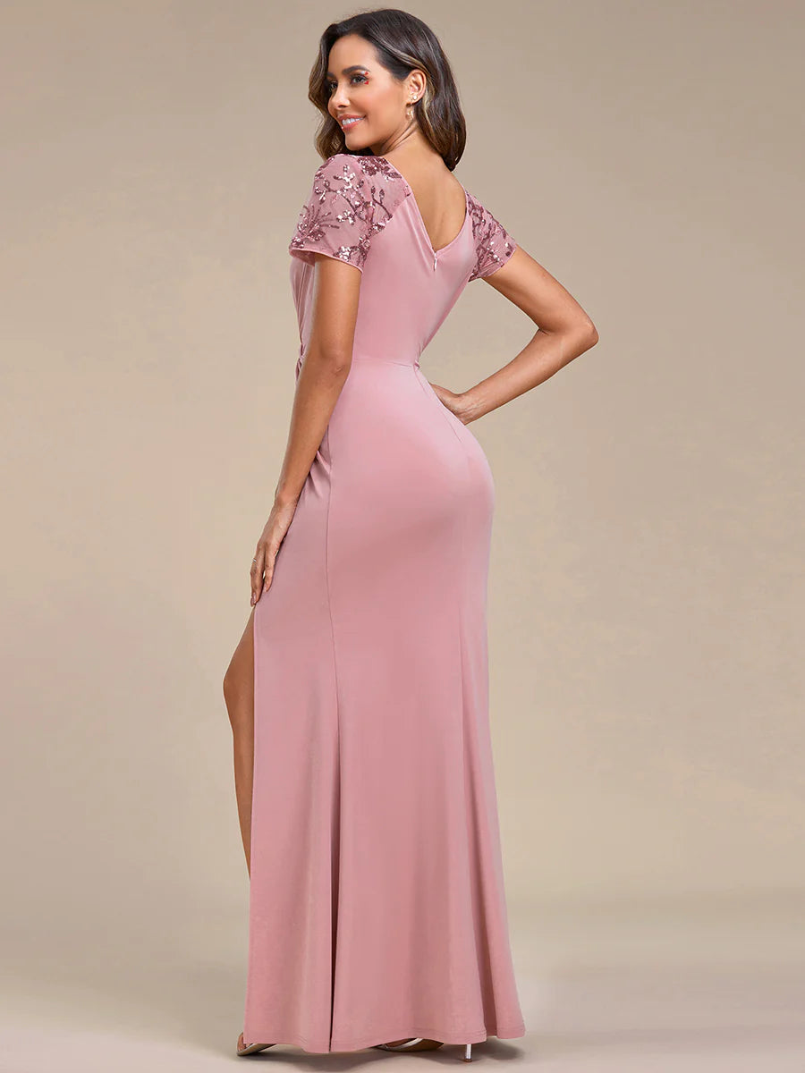 Ruched Belt Bridesmaid Dress with Deep-V Side Split Applique - CALABRO®