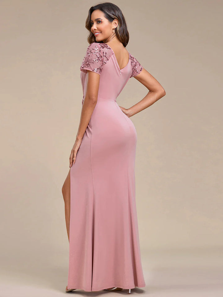 Ruched Belt Bridesmaid Dress with Deep-V Side Split Applique - CALABRO®