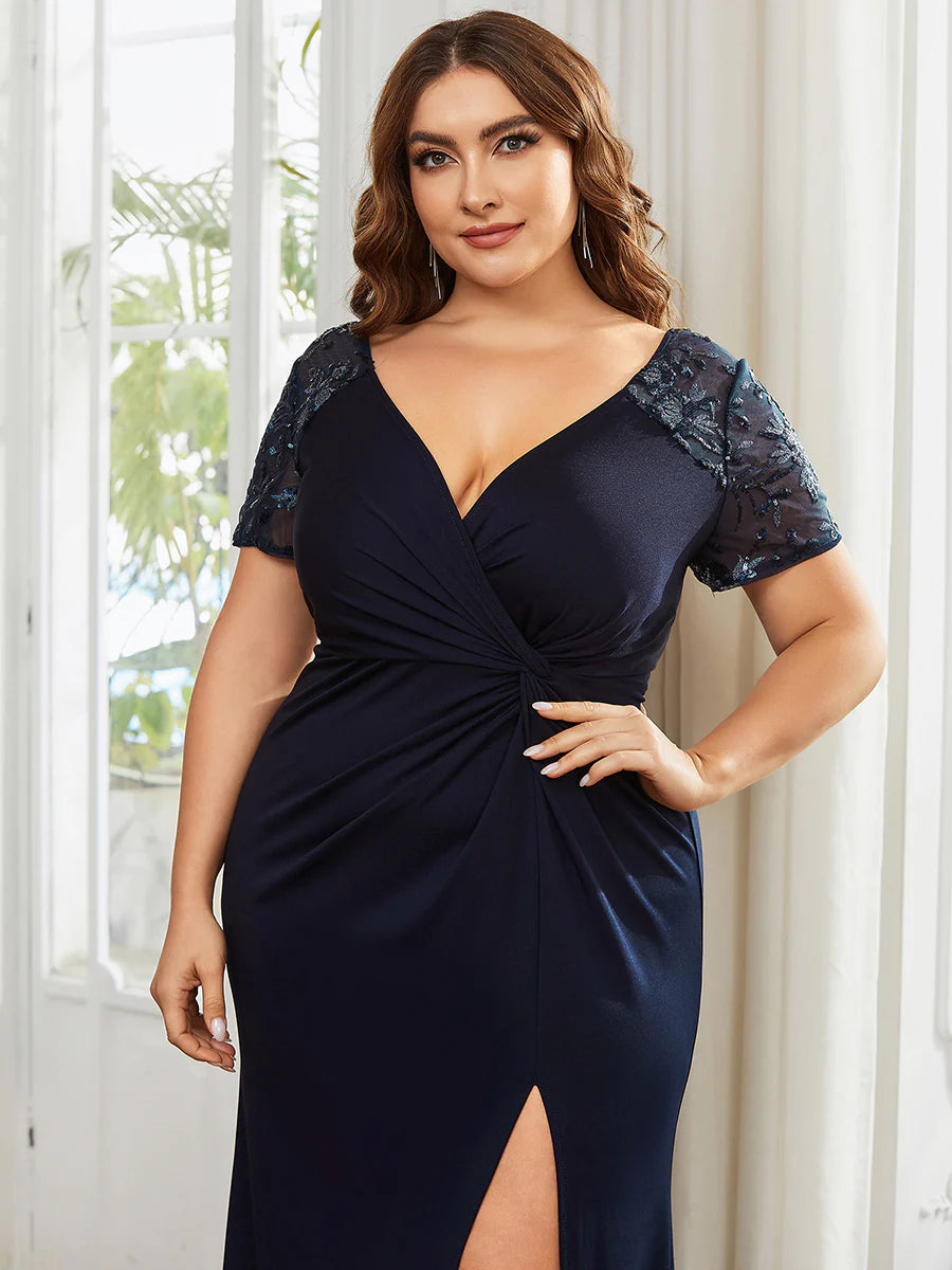 Plus Deep-V Side Split Appliques Ruched Belt Evening Dress