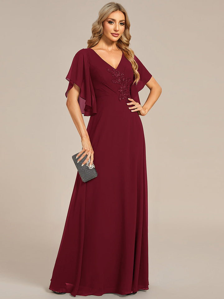 Maxi Long Chiffon Floral Embroidery Evening Dresses With Short Sleeves - CALABRO®