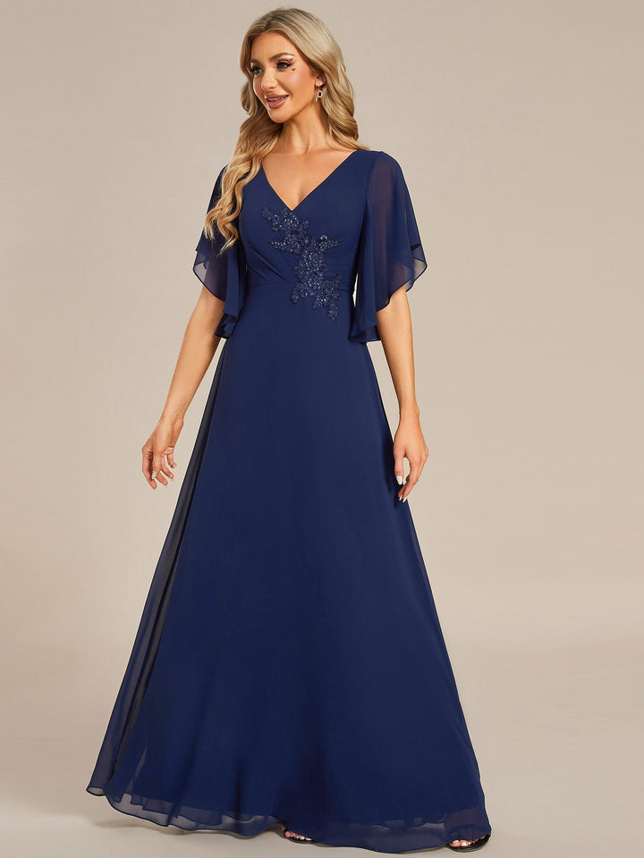 Maxi Long Chiffon Floral Embroidery Evening Dresses With Short Sleeves - CALABRO®