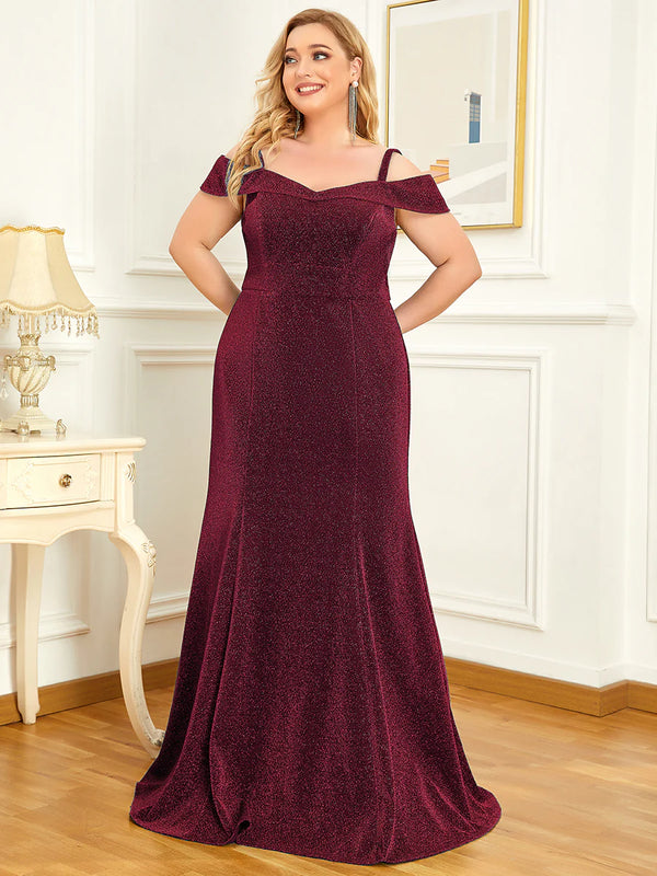 Off Shoulder Sparkly Fitted Plus Size Mother of The Bride Dress