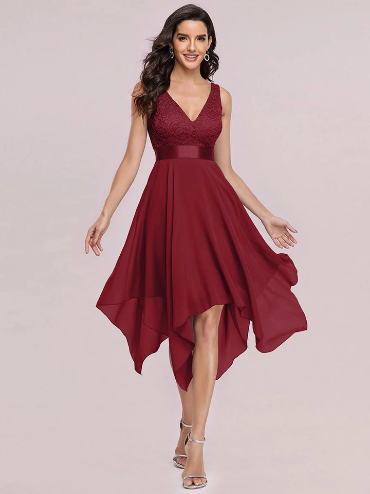 Deep V Neck Asymmetrical Hem Sleeveless Prom Dress