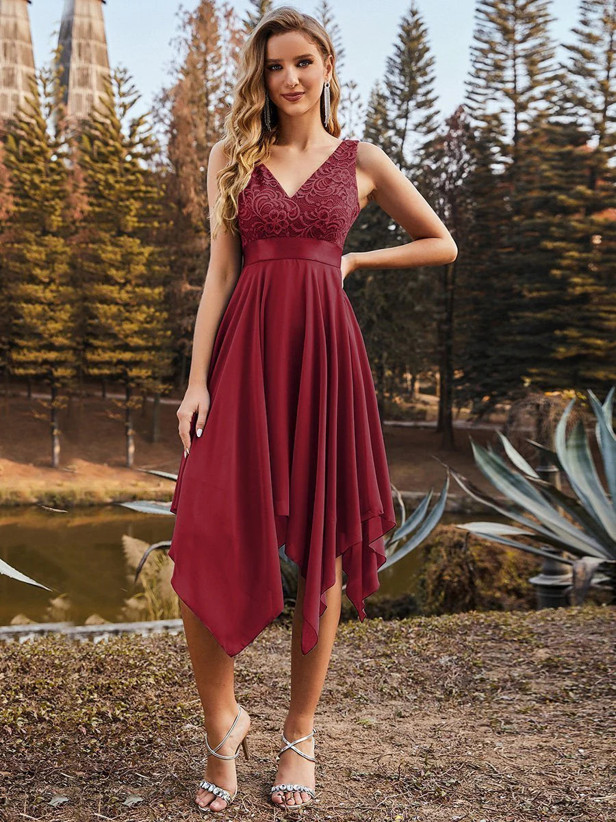 Deep V Neck Asymmetrical Hem Sleeveless Prom Dress