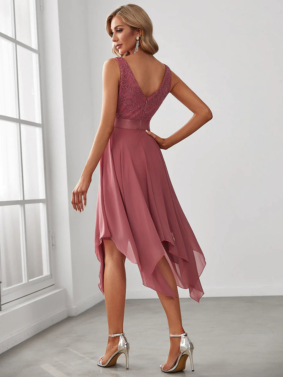 Deep V Neck Asymmetrical Hem Sleeveless Prom Dress