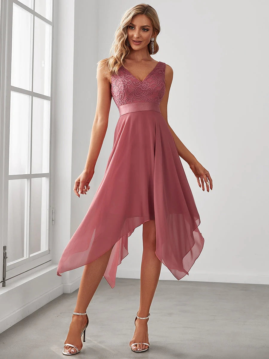 Deep V Neck Asymmetrical Hem Sleeveless Prom Dress