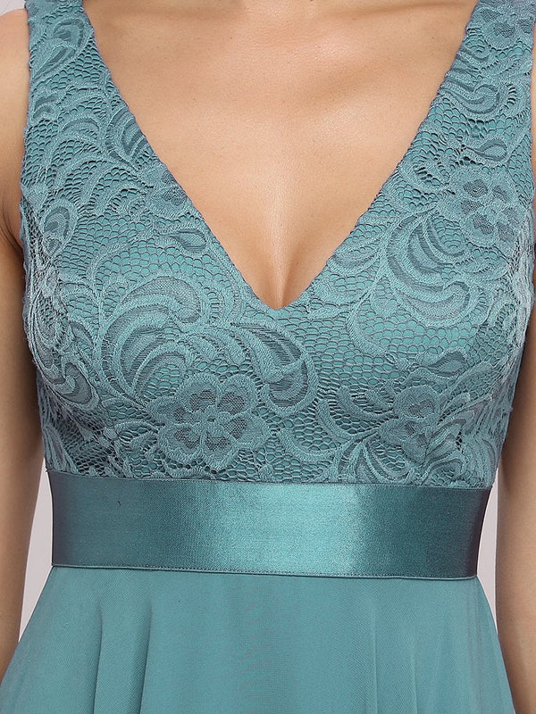 Asymmetrical Lace Top V-Neck Formal Dress