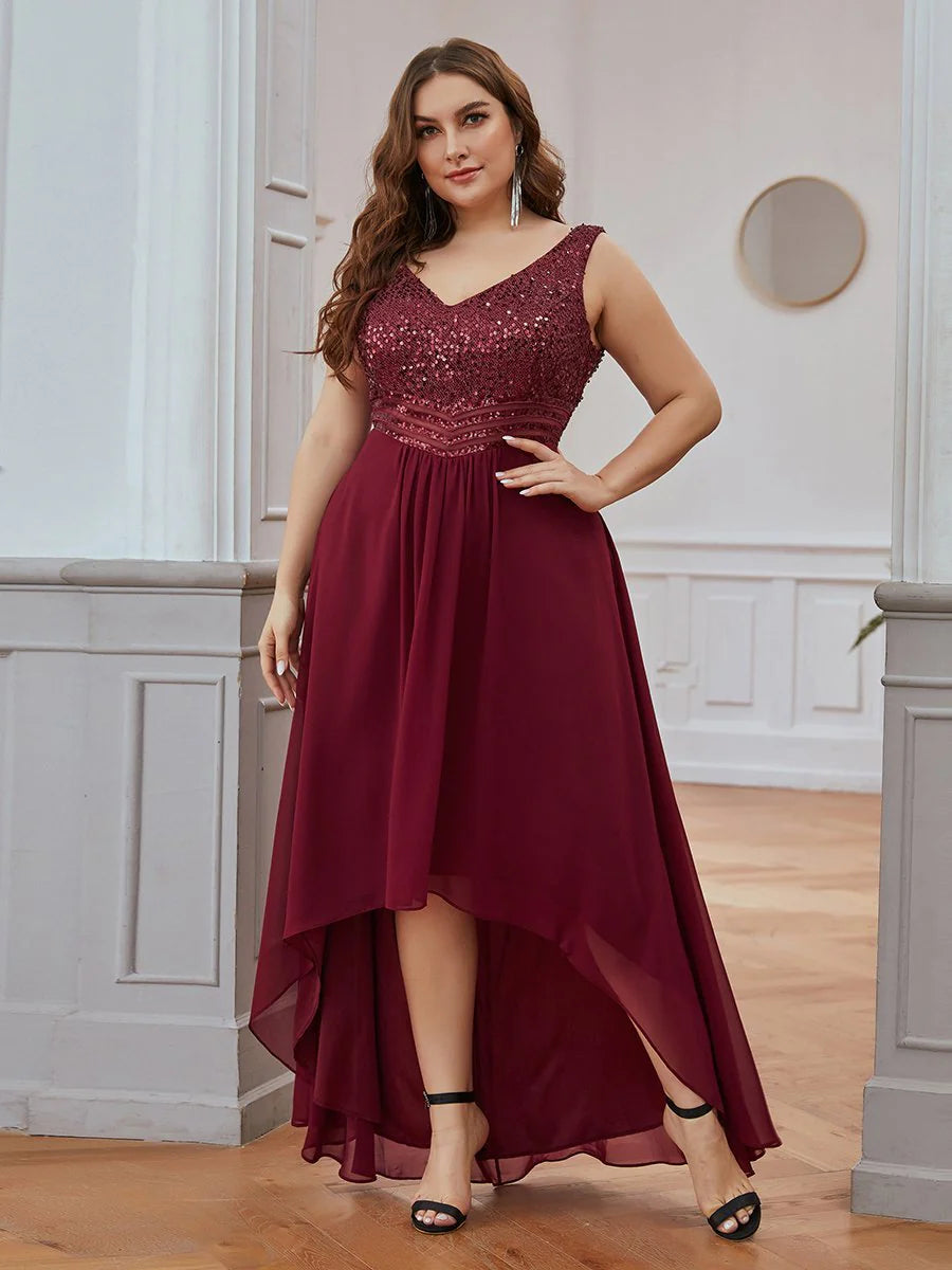 Elegant Paillette & Chiffon V-neck Sleeveless Plus Size Evening Dresses
