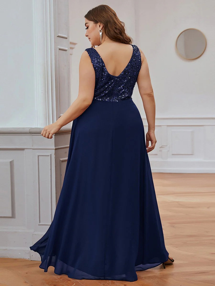 Elegant Paillette & Chiffon V-neck Sleeveless Plus Size Evening Dresses