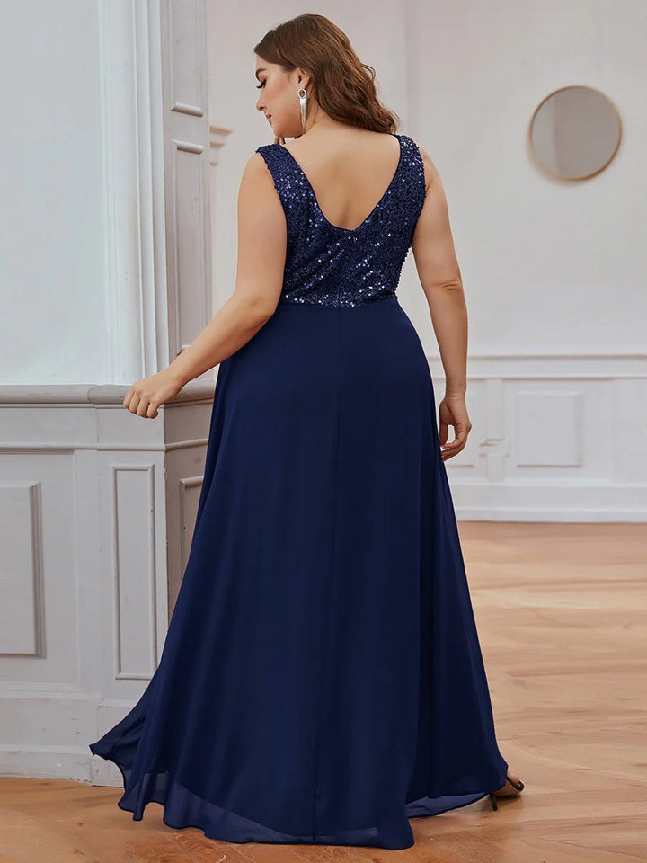 Elegant Paillette & Chiffon V-neck Sleeveless Plus Size Evening Dresses