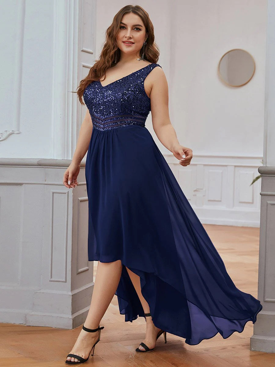 Elegant Paillette & Chiffon V-neck Sleeveless Plus Size Evening Dresses