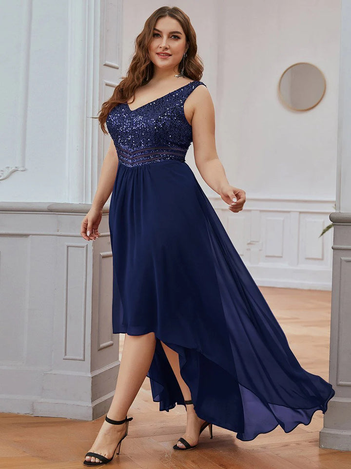 Elegant Paillette & Chiffon V-neck Sleeveless Plus Size Evening Dresses