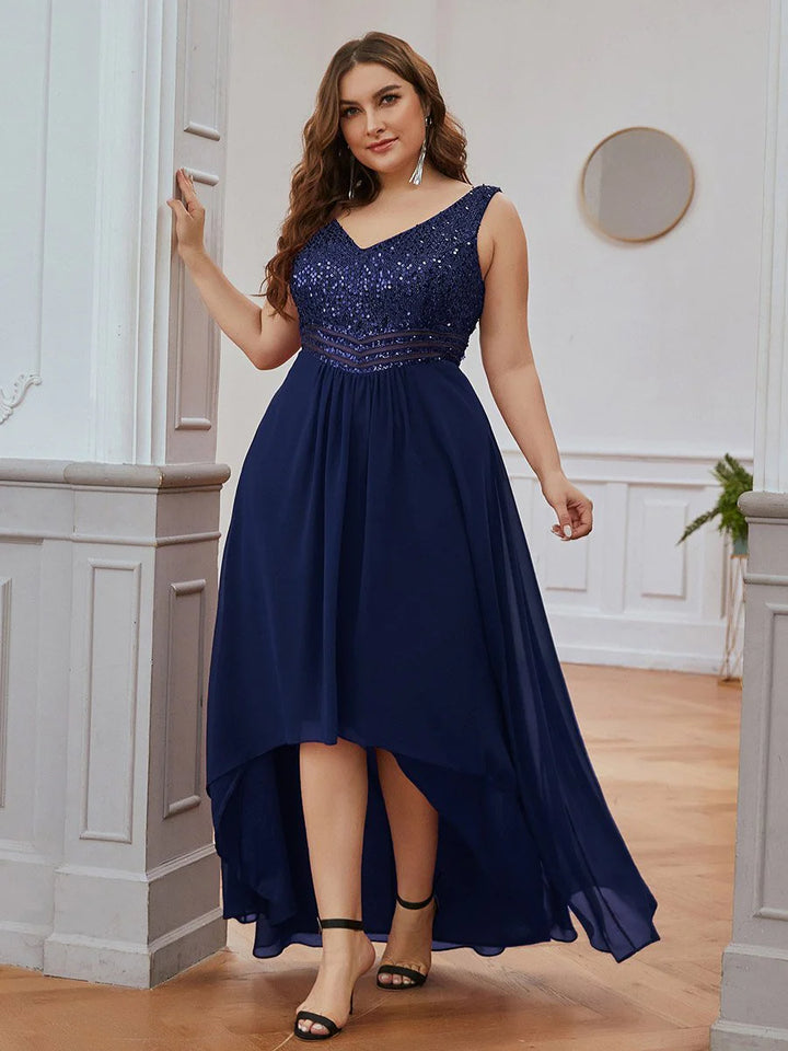 Elegant Paillette & Chiffon V-neck Sleeveless Plus Size Evening Dresses