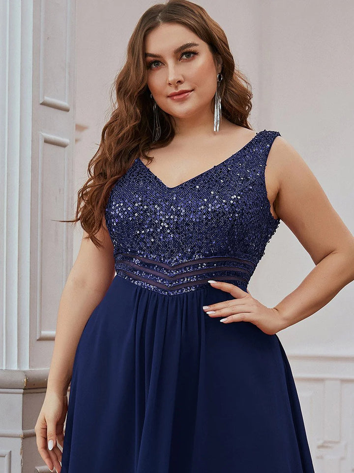 Elegant Paillette & Chiffon V-neck Sleeveless Plus Size Evening Dresses