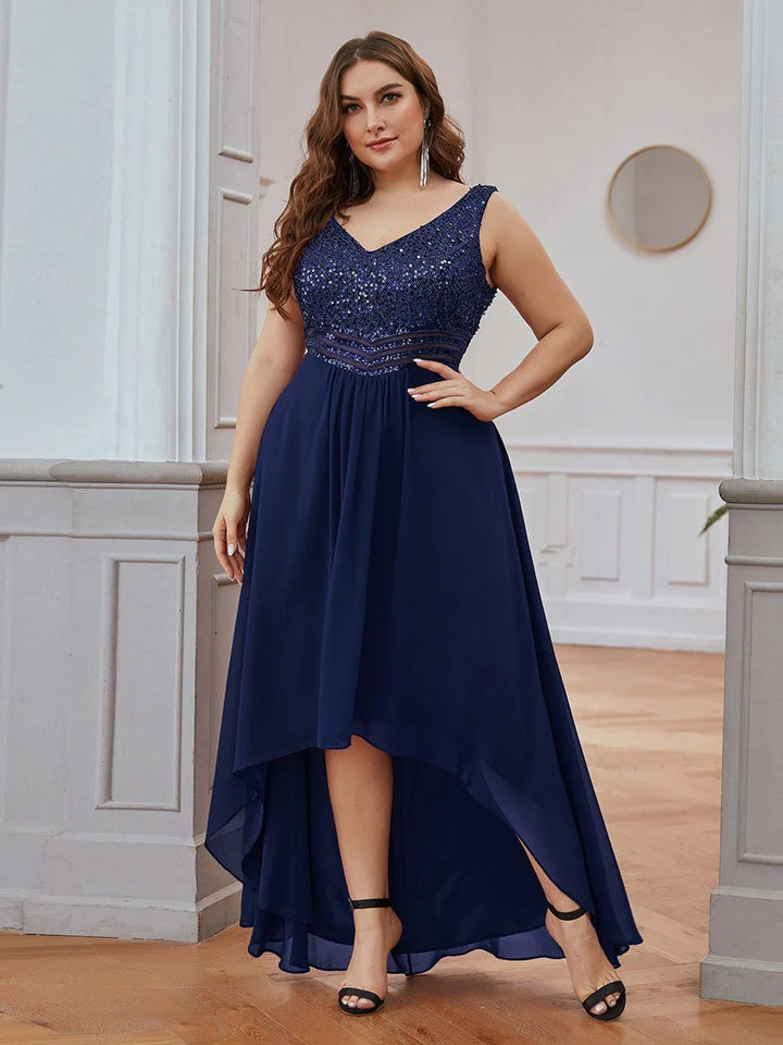 Elegant Paillette & Chiffon V-neck Sleeveless Plus Size Evening Dresses