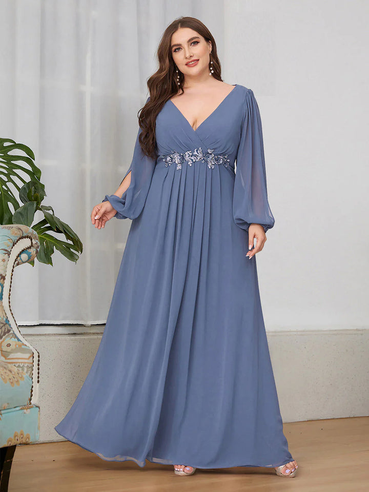 Chiffon Plus Size Evening Dress with Long Lantern Sleeves Size 20