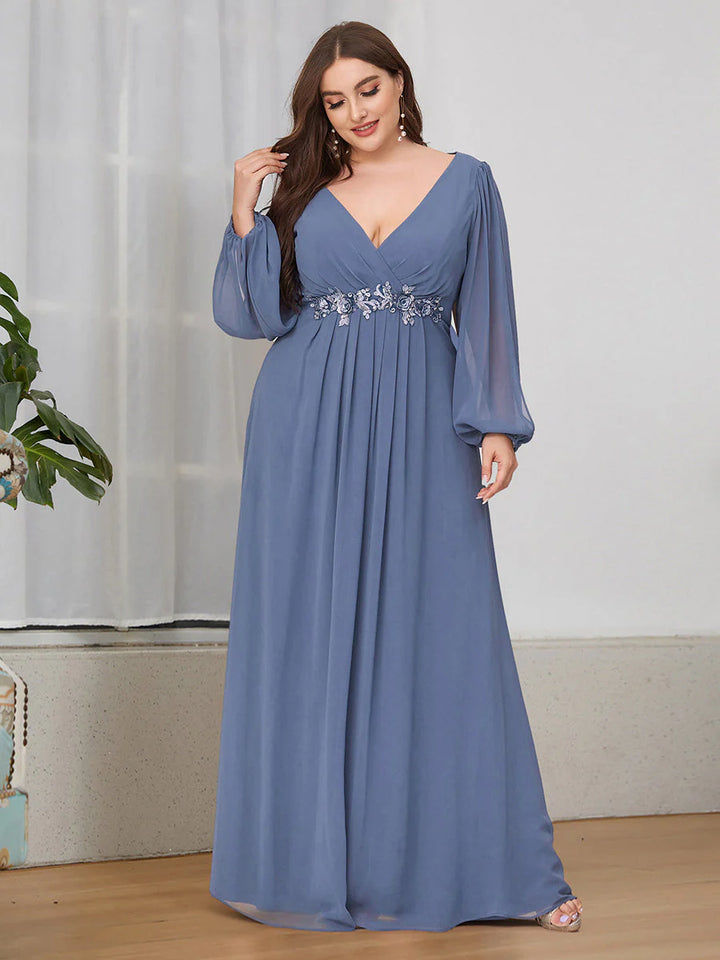 Chiffon Plus Size Evening Dress with Long Lantern Sleeves Size 20