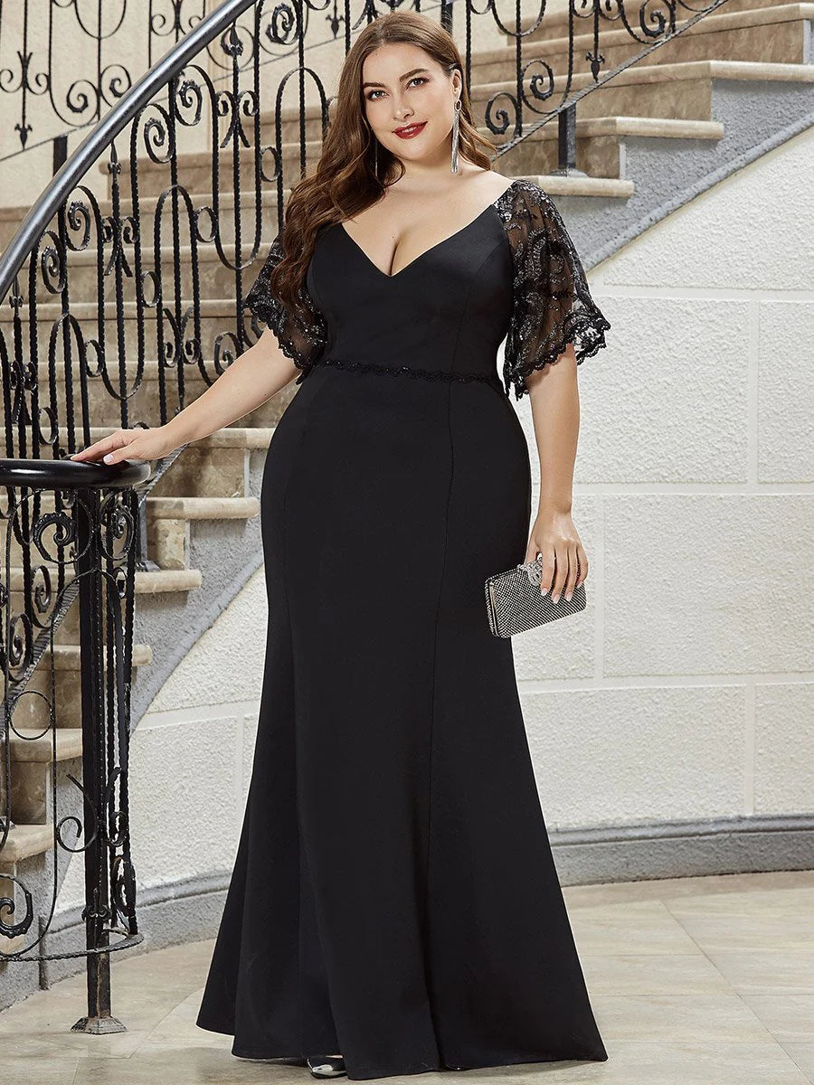 Elegant Plus Size V Neck Fishtail Evening Dress