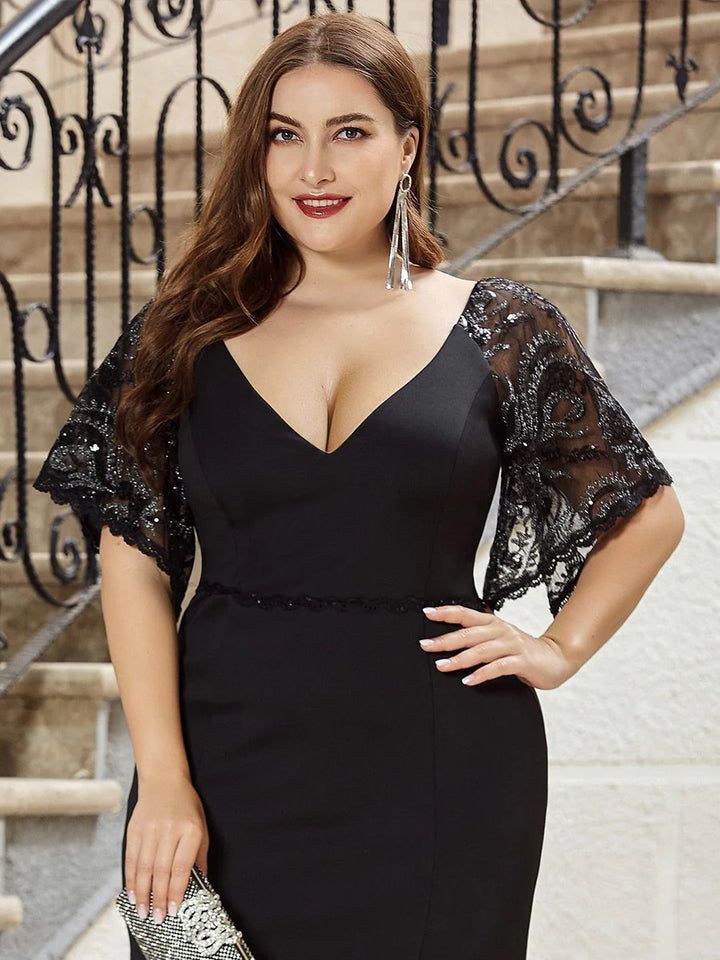Elegant Plus Size V Neck Fishtail Evening Dress