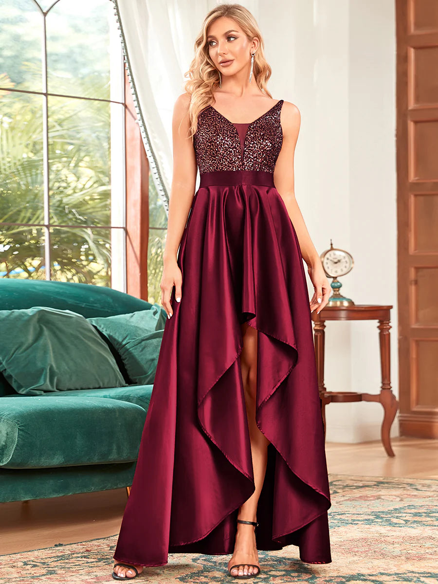 High-Low Sequin Top Satin Formal Dress