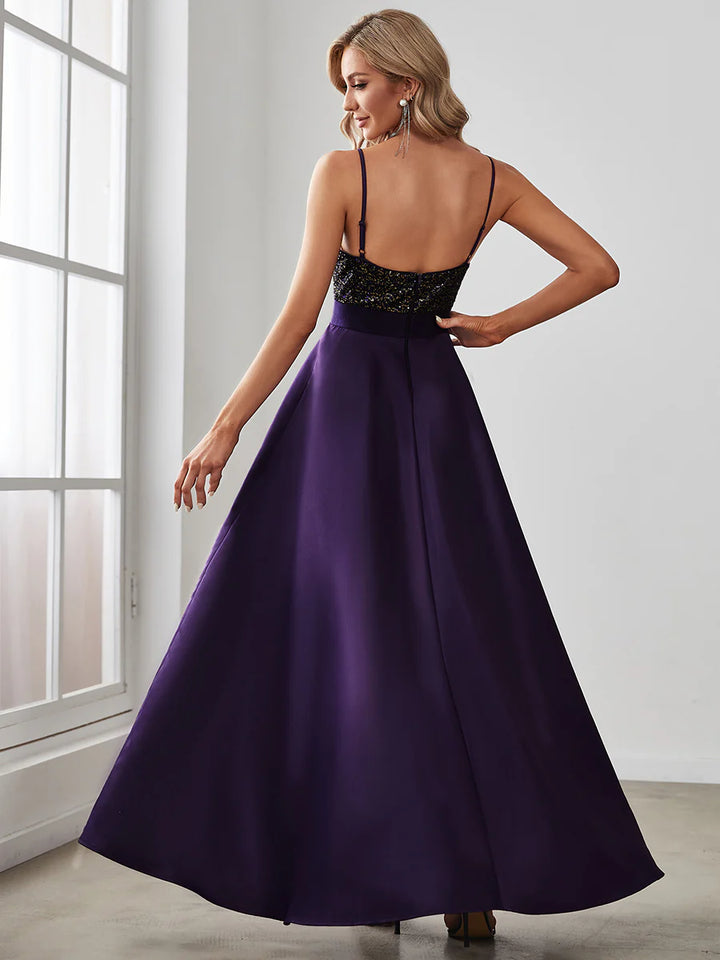 High-Low Sequin Top Satin Formal Dress