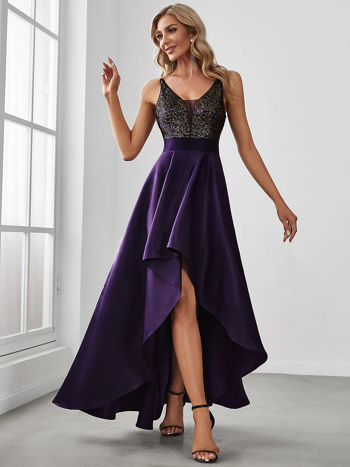 High-Low Sequin Top Satin Formal Dress