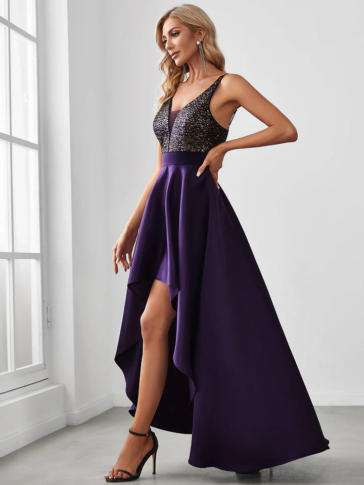 High-Low Sequin Top Satin Formal Dress