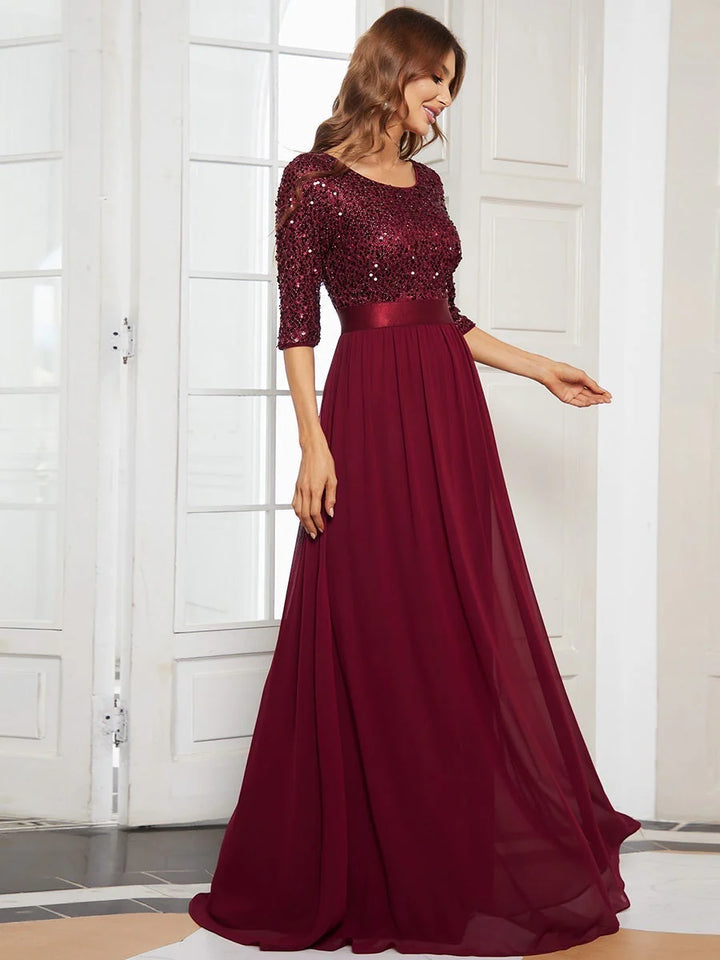 Sequin Top Three Quarter Sleeve Evening Dress - CALABRO®