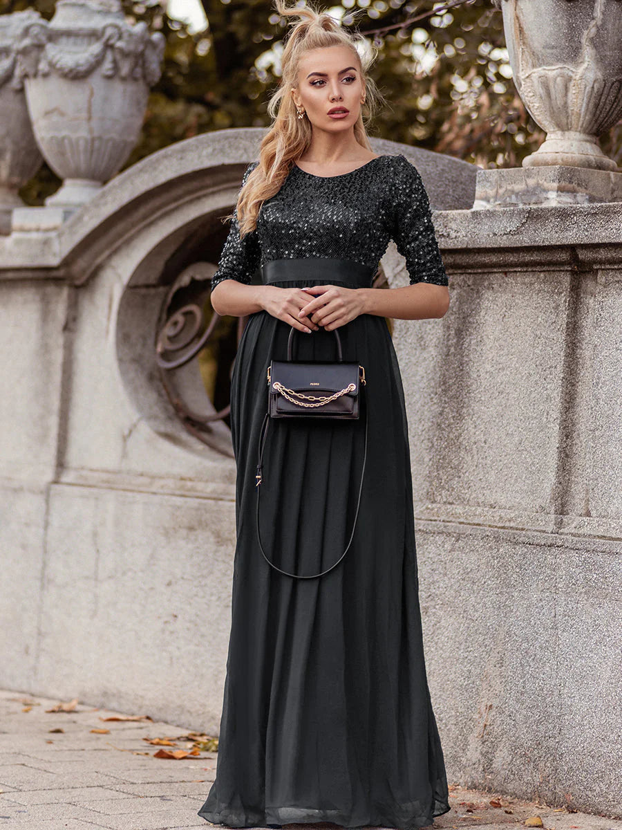 Sequin Top Three Quarter Sleeve Evening Dress - CALABRO®