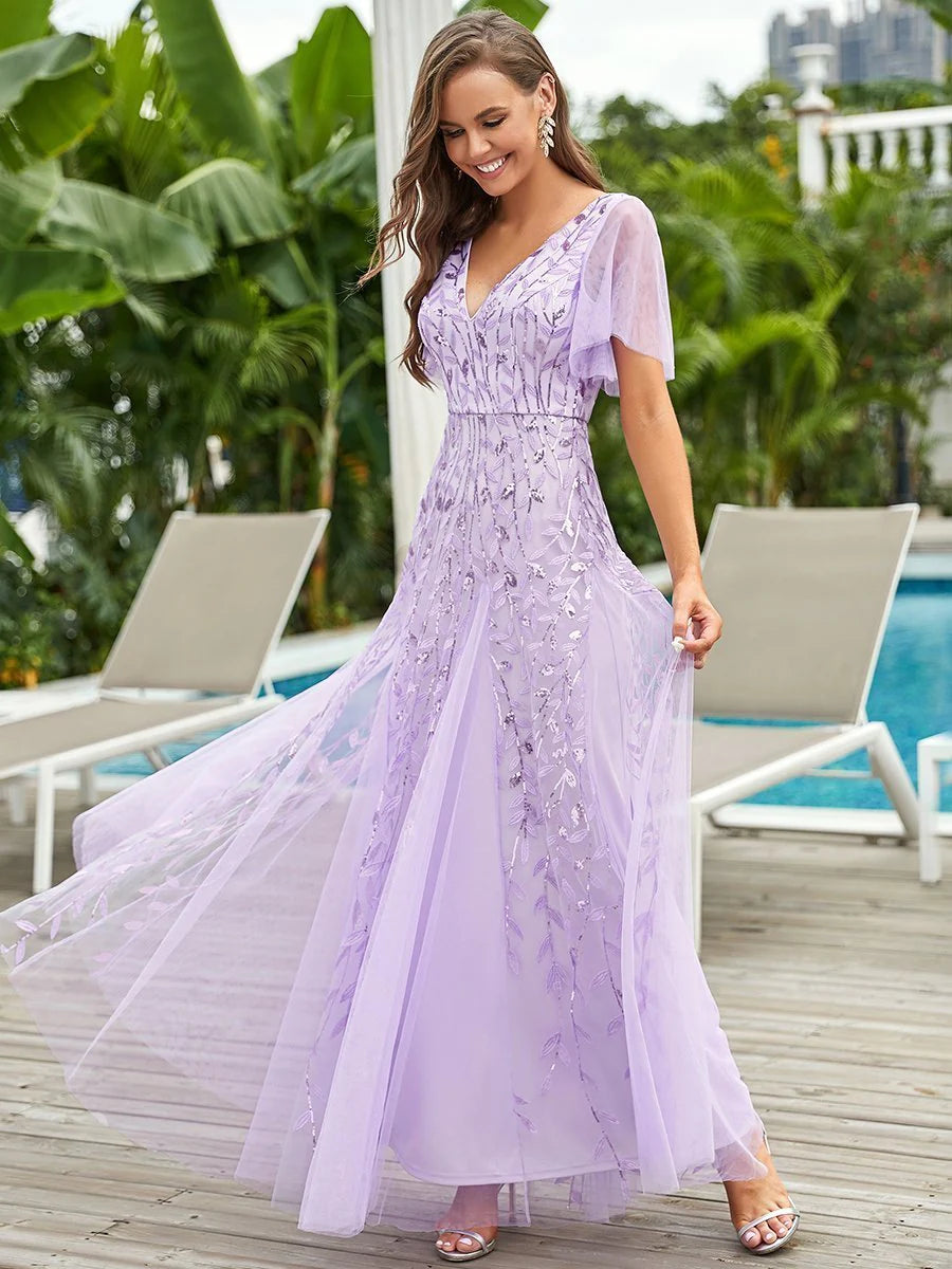 V-Neck Sequinned Butterfly Sleeve Bridesmaid Dress - CALABRO®