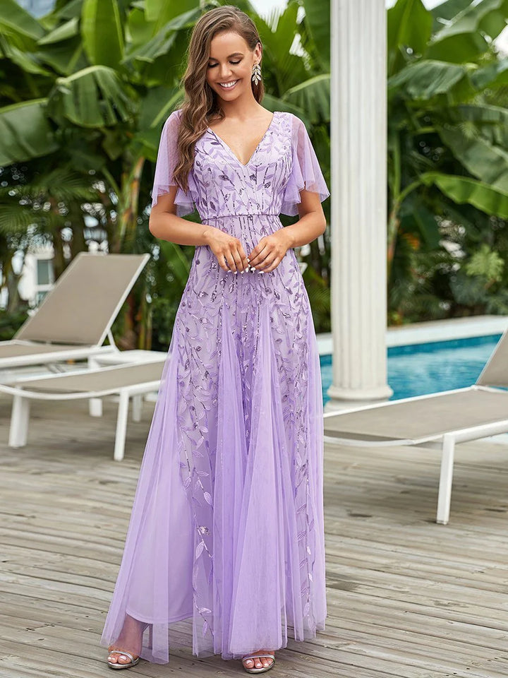 V-Neck Sequinned Butterfly Sleeve Bridesmaid Dress - CALABRO®