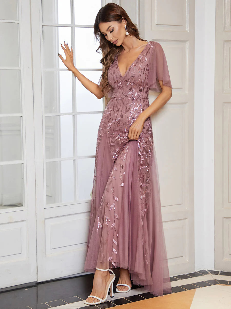 V-Neck Sequinned Butterfly Sleeve Bridesmaid Dress - CALABRO®