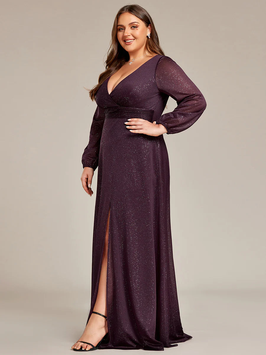 Long Sleeve V-Neck Thigh Slit Bridesmaid Dress - CALABRO®