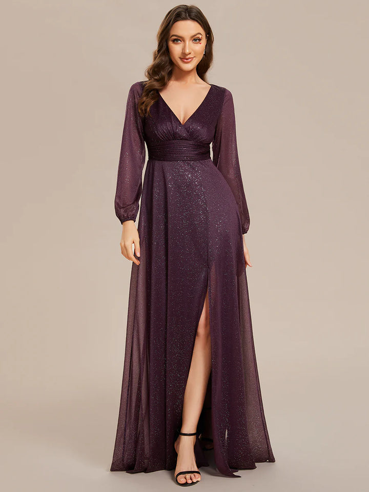 Long Sleeve V-Neck Thigh Slit Bridesmaid Dress - CALABRO®