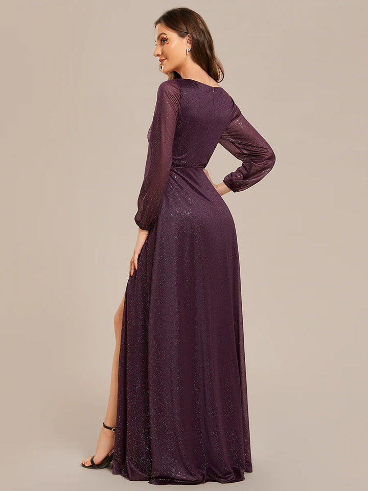 Long Sleeve V-Neck Thigh Slit Bridesmaid Dress - CALABRO®